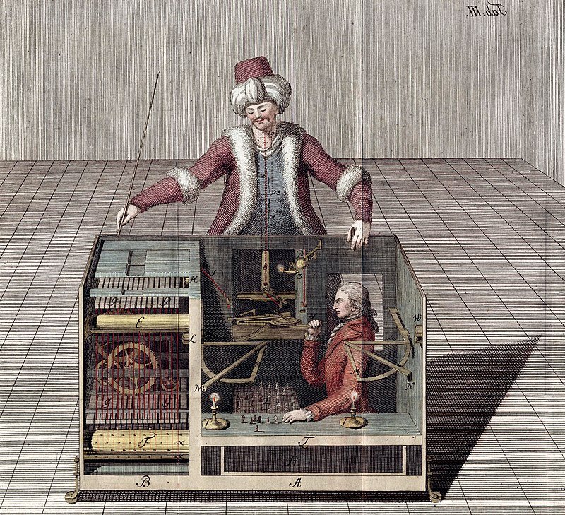 Illustration of the 18th century mechanical turk chess playing device.