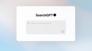 SearchGPT logo (SearchGPT text with a solid black circle to the right). Below it there is an input field, with the prompt "What are you looking for?"